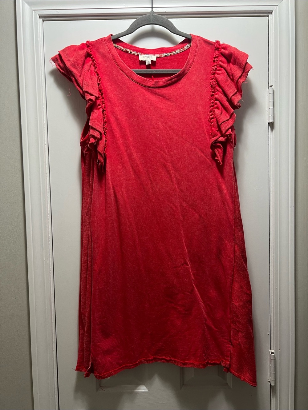 Umgee Coral-Red Ruffle Sleeve Mini Dress